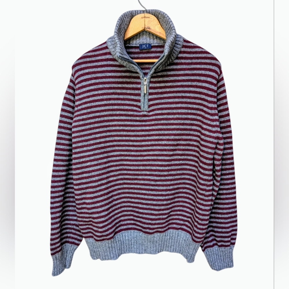 JCT Italian Wool Quarter Zip Mock Neck  Pullover Maroon Gray Stripe Mens Size XL